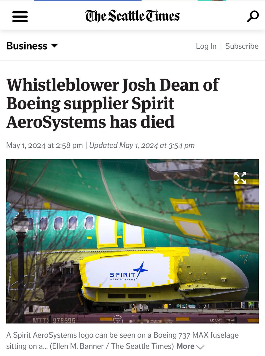 Another whistleblower of Boeing supplier has suddenly died. Josh Dean former quality auditor at Boeing supplier Spirit AeroSystems and one of the first whistleblower to complain leaders ignored manufacturing defects on the 737 MAX, died Tuesday morning after a struggle with a…