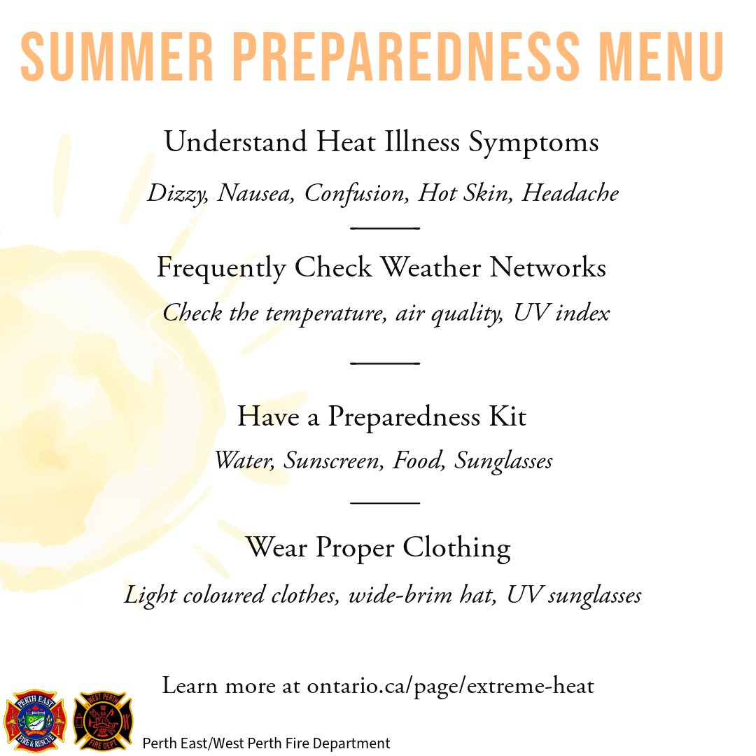🏖️🌳🌞What is on your summer menu?🌞🌳🏖️ Be PREPARED for the HEAT with a few simple reminders! #EmergencyPreparednessWeek @pertheast @WestPerthON @PerthSouthTwp