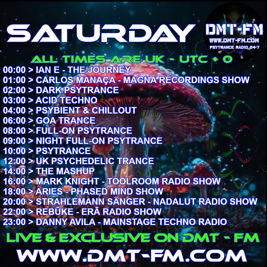 Shows on DMT FM on Saturday 04/05/2024 - DMT FM - Psytrance Radio Broadcasting 24/7
dmt-fm.com
#psytrance #dance #music #edm #psybient #goa #psybreaks #psydub #forest #darkpsy #hitech #fullon #progressivepsy #psytrancefamily #psytrancefestival #psytrancelove #edm