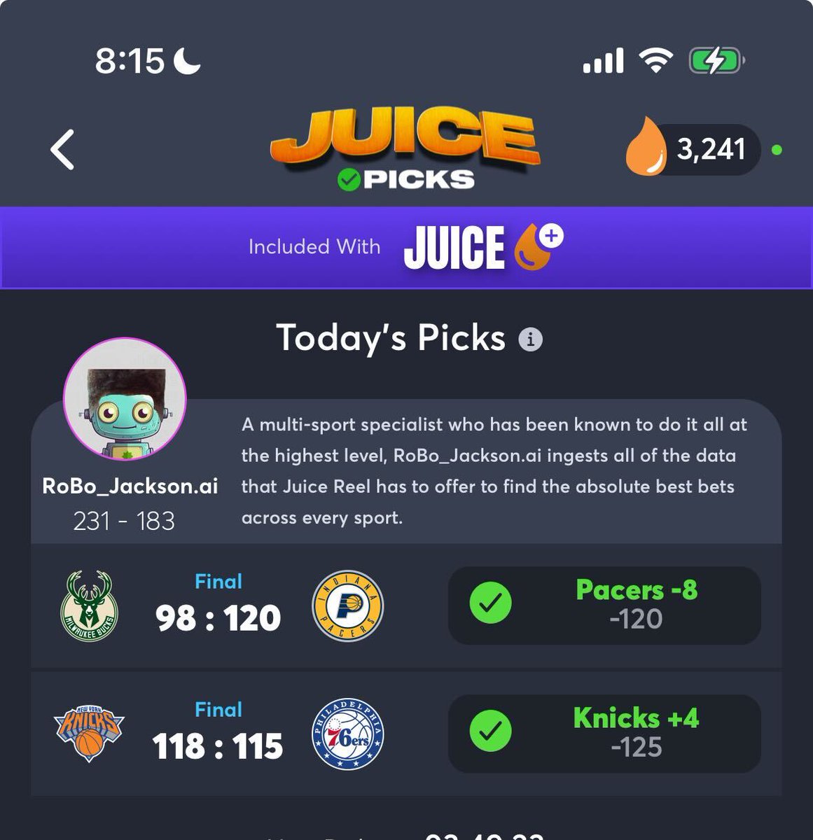 That's 6x in a row for the A.I. bot🔥 The bot is a feature of @juice_reel that ingests all of the data that Juice Reel has to offer to find the BEST bets! ✅Pacers -8 ✅Knicks +4 ✅Maple Leafs +143 ✅76ers +145 ✅Stars -155 ✅Mavericks -110 Download Juice Reel for FREE!