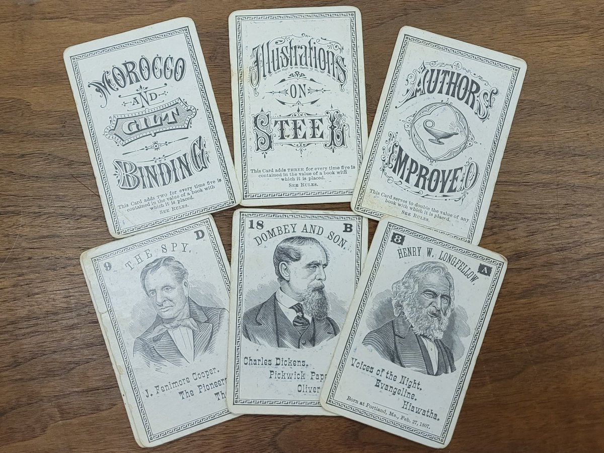 LCPCurator's tweet image. This month&apos;s #ArchivesHashtagParty highlights #ArchivesGames. Game of Authors, Milton Bradley&apos;s card game, contains famous 19th century writers and fun game play cards about book bindings and engravings.
