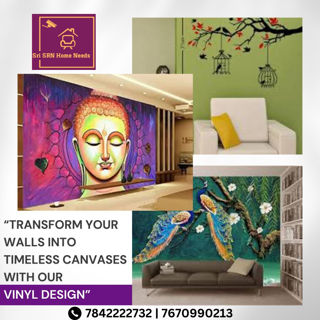 Welcome to SRI SRN Home Needs, where we specialize in turning your walls into vibrant reflections of your style with our bespoke vinyl designs. 

FOR MORE INFORMATION
GIREESWAR:7842222732 | 7670990213

#VinylDesign #WallArt #HomeDecor #InteriorDesign #VinylDecals #WallGraphics