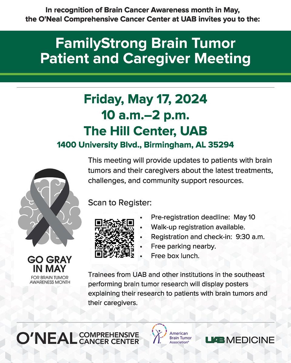 Join the UAB FamilyStrong meeting for Brainttumor Patients and Caregivers May 17 to learn about clinical care as well as cutting edge basic and translational research. Register now. tinyurl.com/36xddtap