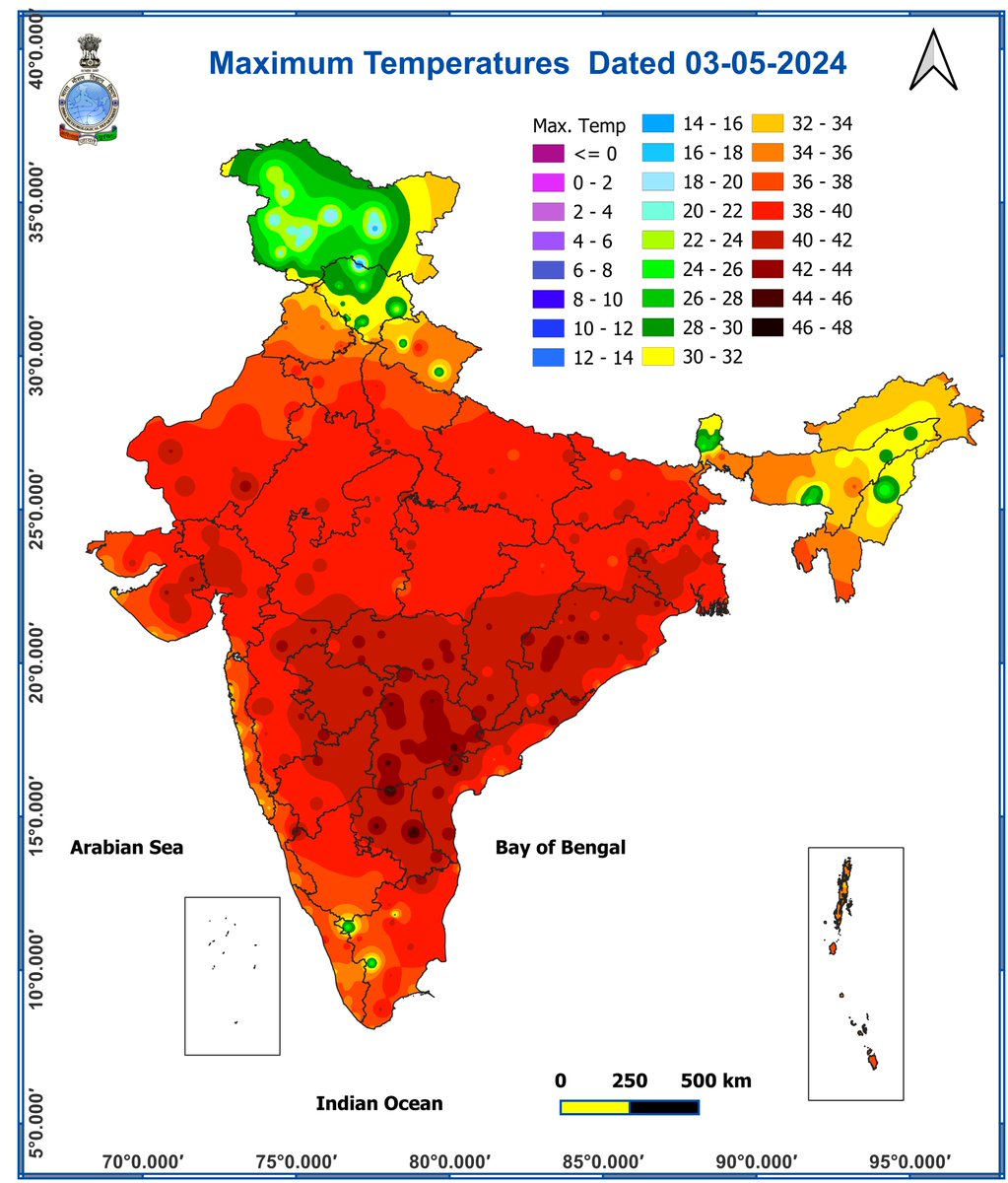 Today, maximum temperatures are in the range of 43-46°C in many parts of Rayalaseema and Telangana; in some parts of Odisha; in isolated pockets of Vidarbha, Madhya Maharashtra and Coastal Andhra Pradesh; in the range of 40-43°C in over many parts of Gangetic West Bengal, 1/3