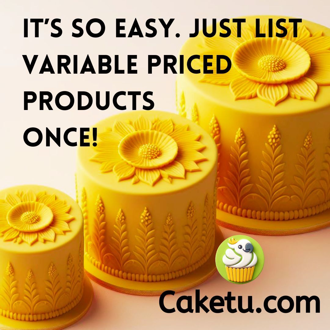 Caketu.com has the features you need to make selling cakes a breeze: Easy to list variable priced products - by size, flavour, colour etc ✅ Each variation can have its own picture, or share an image ✅ Option to set peak pricing for busy days ✅ #CakeToYou 1/