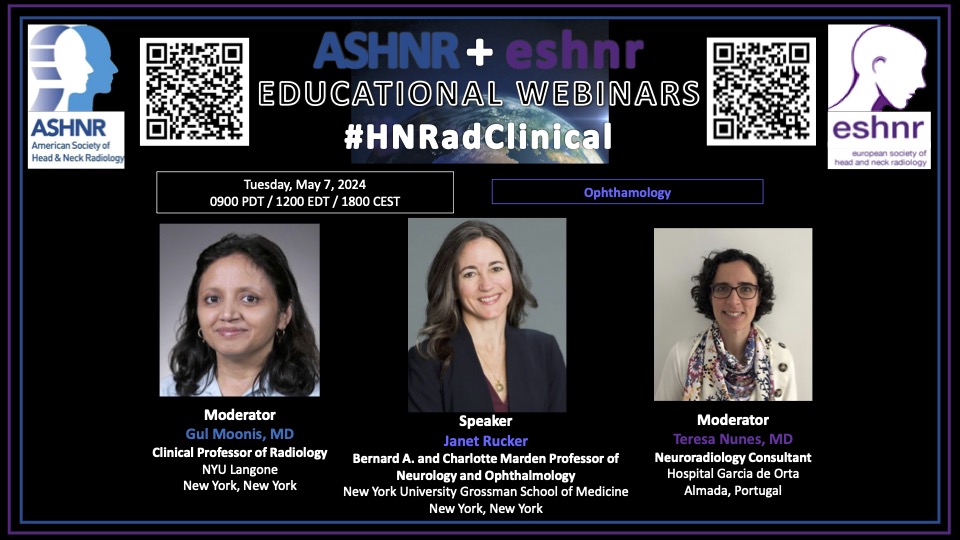 Join us on 5/7 for the ASHNR + ESHNR Ophthalmology webinar! Looking forward to an excellent talk from Dr. Rucker!! #HNRadClinical

@TeresaN1977 @gmoonis