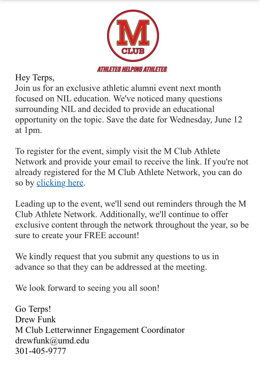 The M Club is offering an exclusive NIL zoom for alumni to learn more on the topic! We will be joined by staff members of the One Maryland Collective to help answer your NIL questions. Go to themclub.org (M Club’s Athlete Network) to register today!