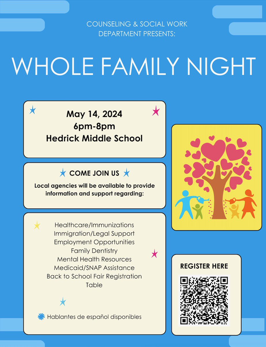 Mark your calendars for the Whole Family event on May 14, 2024 @Hedrick_MS