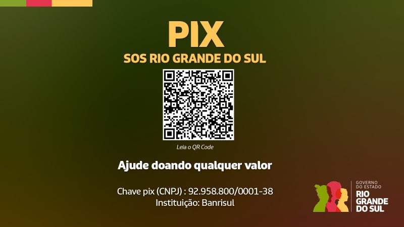 Atenção ‼️ Diante da situação de calamidade pública enfrentada no Estado, o governo gaúcho reativou o canal de doações para a conta SOS Rio Grande do Sul. Foi restabelecida a chave Pix (CNPJ: 92.958.800/0001-38), vinculada à conta bancária aberta pelo Banrisul. As…