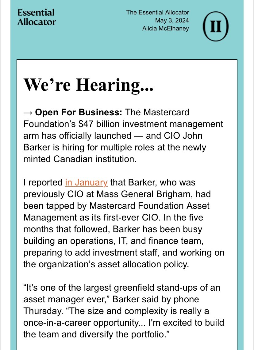Big Essential Allocator today: I chatted with Mastercard Foundation Asset Management’s CIO John Barker. Interesting tidbits: The entire pool of capital is $47b. They’ve lifted out folks from OTPP & CPP. They’re hiring 12-15 more people in the next year.