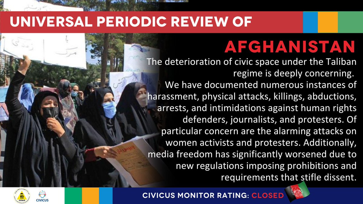 🇦🇫 The #UPR46 Working Group is set to adopt the report on #Afghanistan today. Our joint submission with @AfgSrmo underscores the deterioration of #civicspace post-Taliban takeover. Read our report submitted ahead of Afghanistan's human rights record review web.civicus.org/UPR46Afghanist…