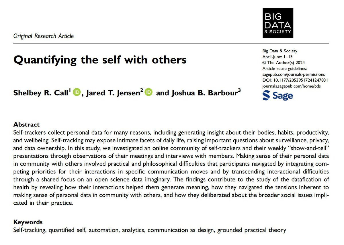 📢 What about wrapping up the week exploring the latest insights into a community of self-trackers: ‘Quantifying the self with others’ by Shelbey R. Call, Jared T. Jensen, and Joshua B. Barbour (@barbourjosh) #selftracking #quantifiedself 🔗Link to paper: buff.ly/3JyKibg