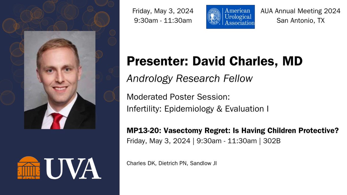 UVA Urology (@uvaurology) on Twitter photo Next from @UVAUrology, our #andrology fellow <a href="/davidk_charles/">David Charles</a> will present on #vasectomy regret and explore a possible protective factor. (Is it too much to say you won't regret attending his session?) #AUA24 Next from @UVAUrology, our #andrology fellow <a href="/davidk_charles/">David Charles</a> will present on #vasectomy regret and explore a possible protective factor. (Is it too much to say you won't regret attending his session?) #AUA24