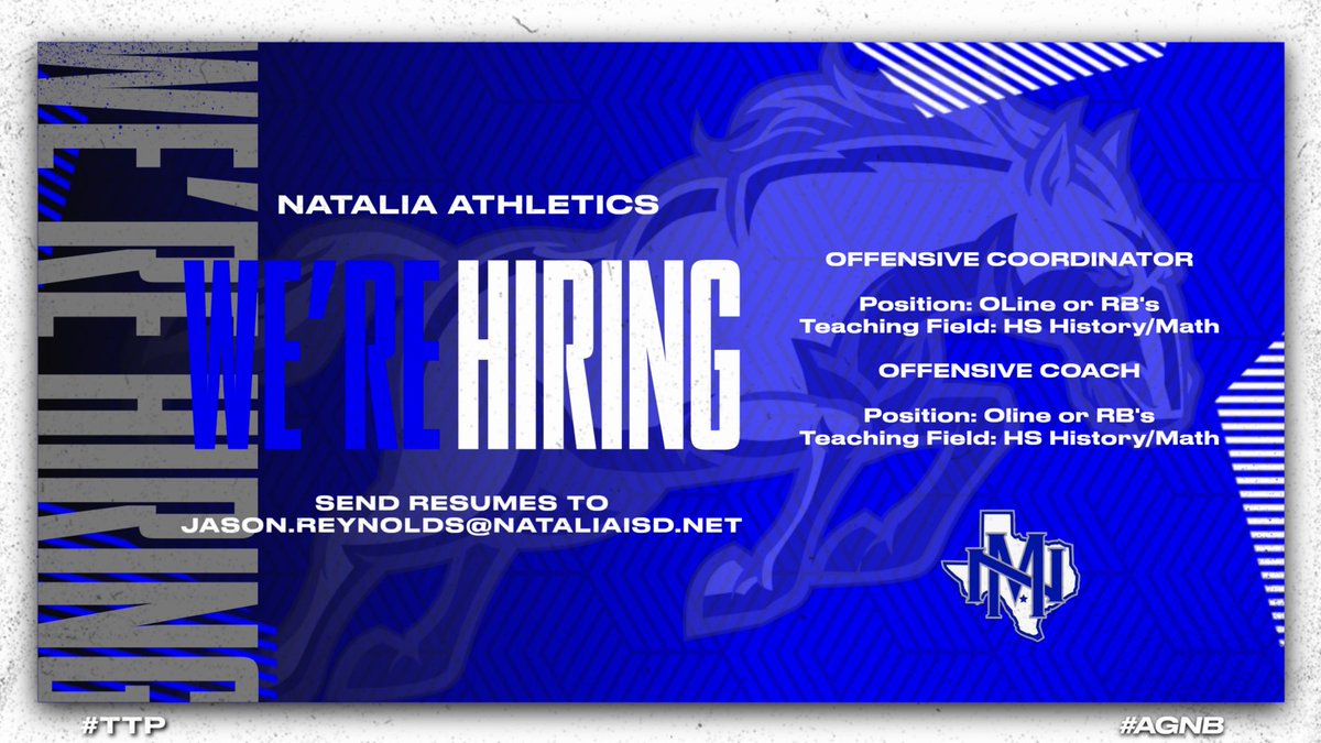WE ARE HIRING!! 

Come be a part of something special here in Natalia! If you are looking for a great staff and hard working kids, then send your resume to Jason.reynolds@nataliaisd.net!

#TTP #AGNB