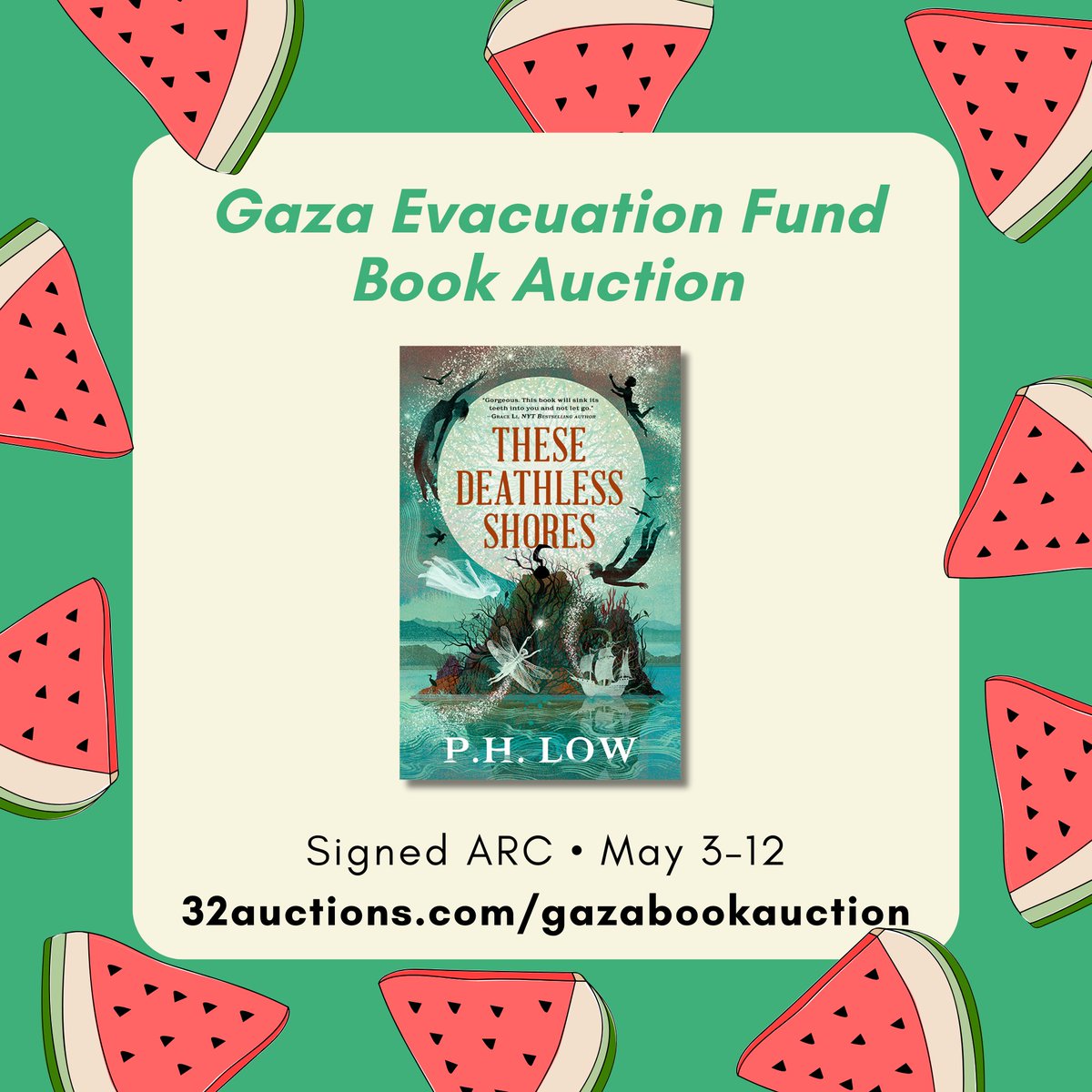Hello friends! I've donated a signed ARC of THESE DEATHLESS SHORES to the Gaza Evacuation Fund Book Auction! There are a bunch of amazing bookish goods up for bidding from May 3–12! L✨nk in bio~