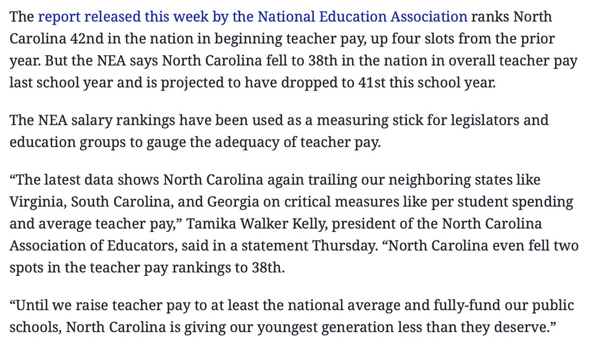 NC now ranks 42nd in beginning teacher pay and 41st in overall teacher pay. 

Yet #NCGA Republican leaders want to funnel $625M for millionaires to subsidize tuition at private institutions. 

Why not make NC schools the best in the country?

#ncpol #nced
newsobserver.com/news/local/edu…