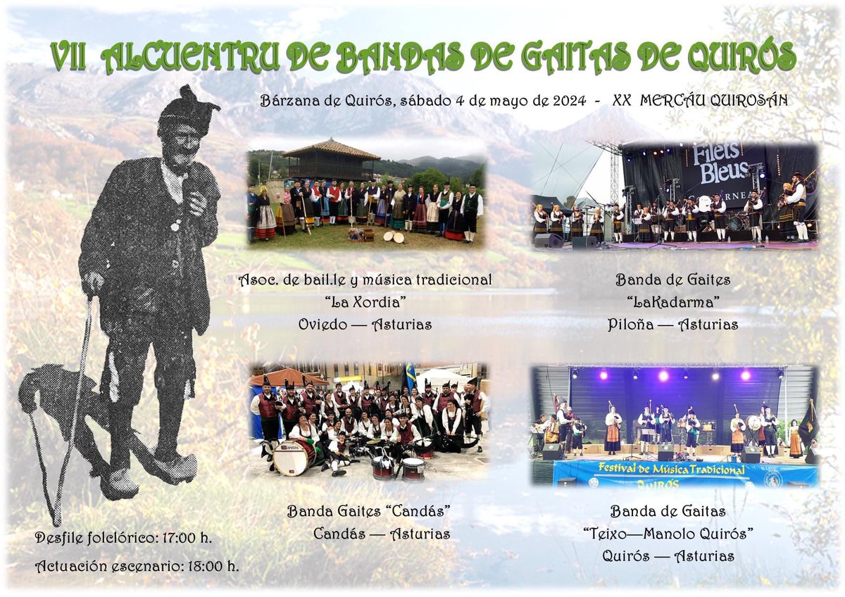 🔜 Mañana 🗓️ son los “VII Alcuentros de Bandes de Gaites de Quirós” 🎶 onde participen les siguientes bandes:

@LaKadarma 
@BGCandas 
@bgquiros 

📆 4 Mayu
🕕 17:00h
📍Bárzana de Quirós

#bandagaites #pipeband #alcuentrosgaites #asturies #mundogaita