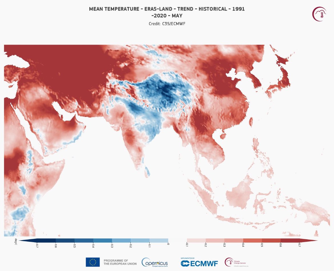 May temperature trends for 1991-2020 from ERA5-Land reanalysis from ECMWF. What explains the strong cooling over the Gangetic Plain?