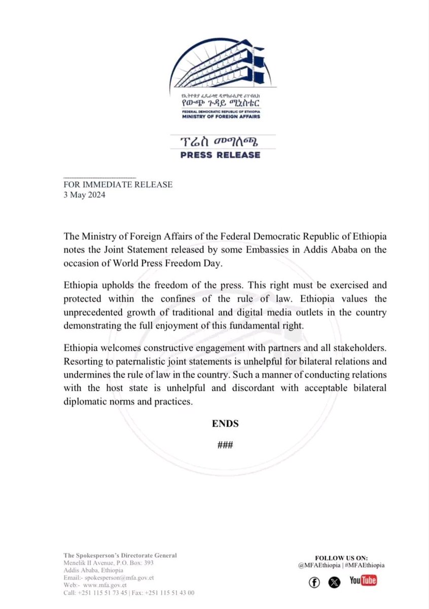 Press Statement by the Ministry of Foreign Affairs on the Joint Statement released by European Union delegation and some Embassies in Addis Ababa on the occasion of World Press Freedom Day