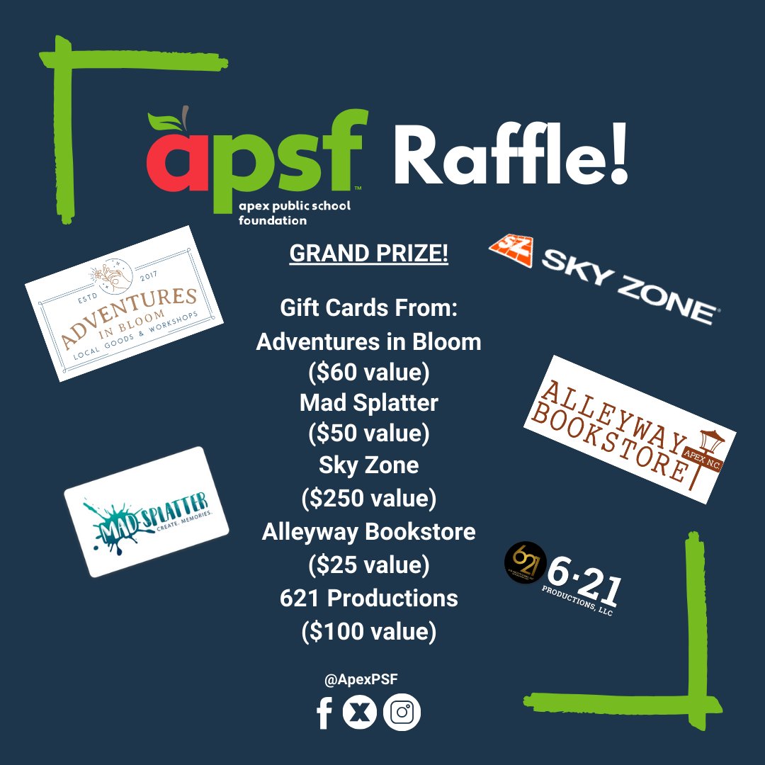 PEAKFEST SNEAK PEAK: The APSF is launching a raffle with a grand prize worth nearly $500! Stop by our table at PeakFest to learn how you can enter and win gift cards from these fabulous Apex businesses!