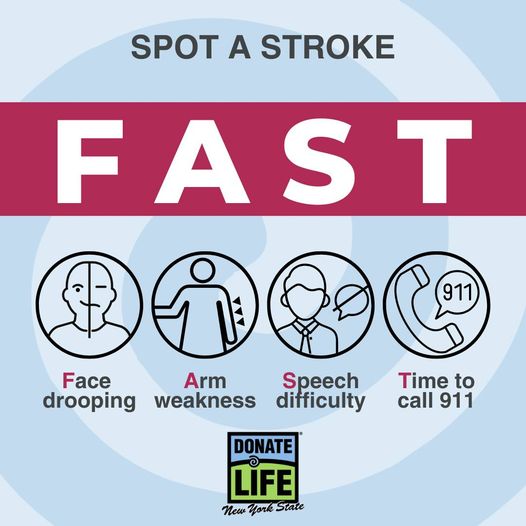 May is National Stroke Awareness Month. Every minute counts when a stroke happens. Make sure you know the signs and symptoms. F.A.S.T. is an easy acronym to help you remember them – and perhaps save a life. #StrokeMonth #strokeprevention