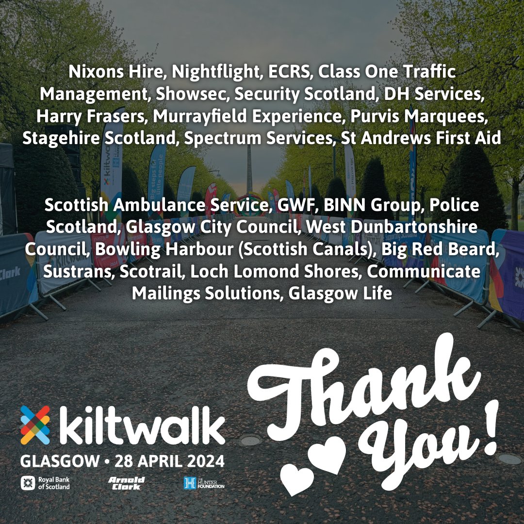 Big thanks to all of the amazing people and suppliers that go the extra mile to make Kiltwalk possible -we couldn't do it without you! #KiltwalkKindness #KiltwalkGlasgow