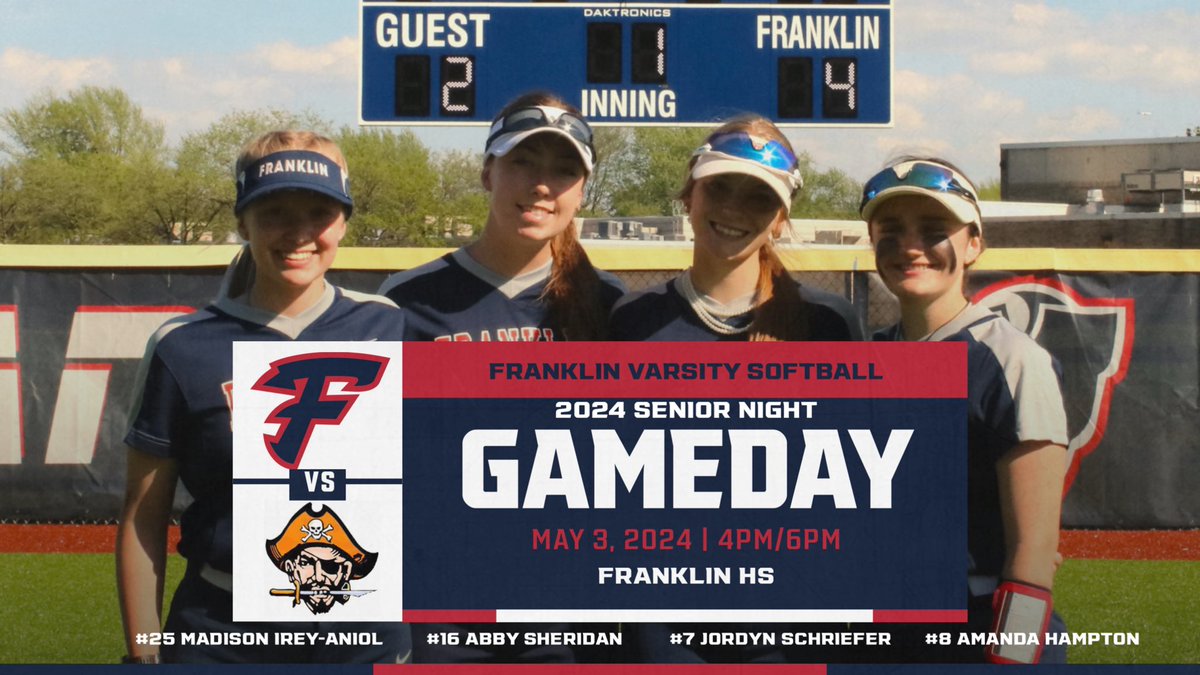 Today we will celebrate our 4 seniors when we face the Riverview Bucs in a doubleheader. Game time is scheduled for 4pm. Come out and support our Patriots! #7 @JordynSchriefer #8 @ahampton05 #16 @abbyysheridan #25 Madison Irey-Aniol
