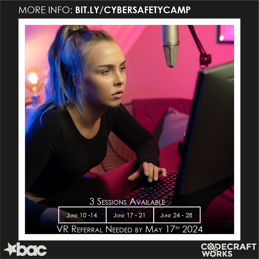 🚨 Only 2 Weeks Left to Register for BAC and Codecraft Works' Cyber Safety Summer Camp! 🚨 Don’t miss your chance to dive into cyber safety! 📆 Dates: June 10-14, 17-21, 24-28 💸 Earn $150 stipend! 🔗 Hurry, secure your spot now bit.ly/CyberSafetyCamp