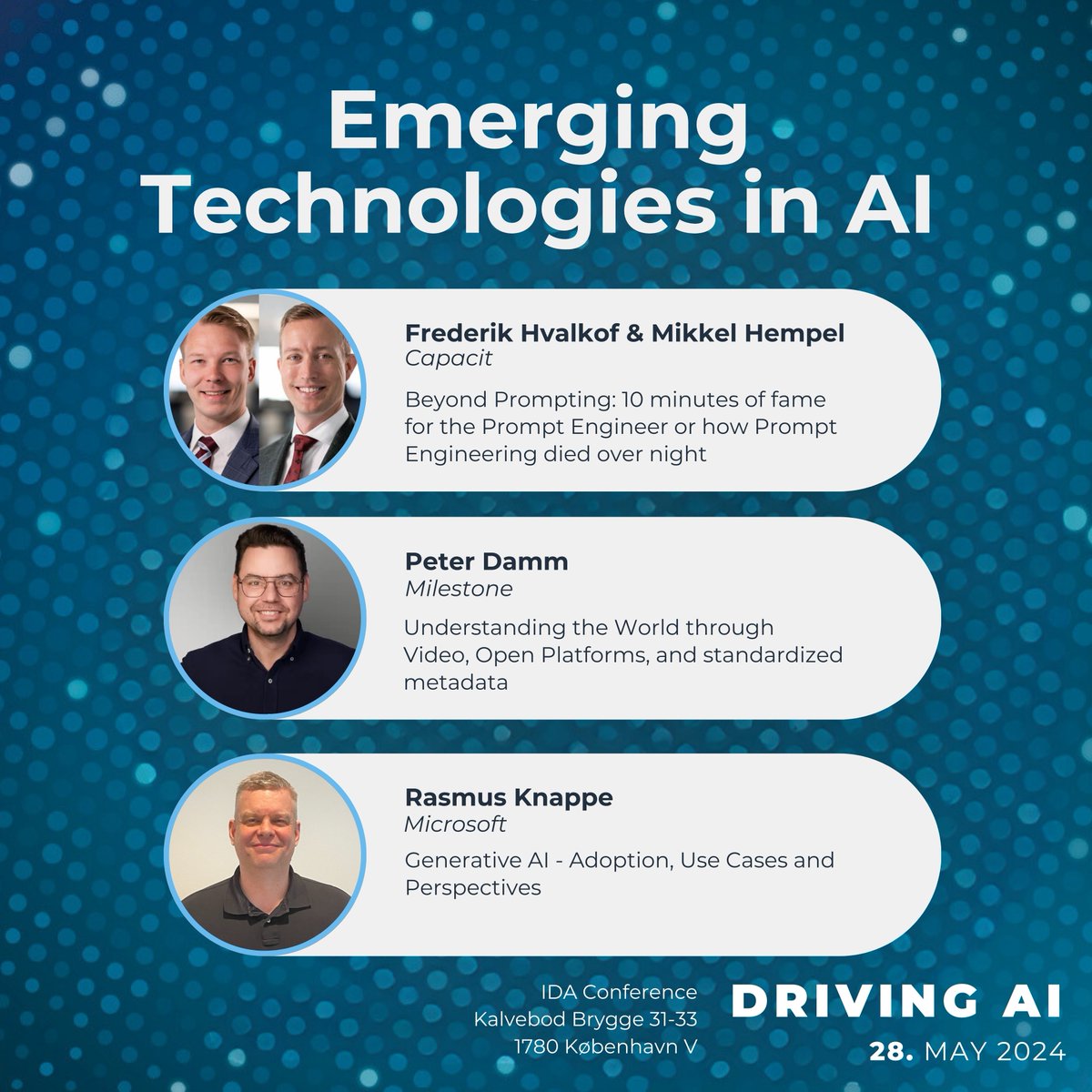 På vores konference Driving AI 2024 vil du kunne høre disse 3 fascinerende oplæg på sporet 'Emerging Technologies in AI' 💡

Læs mere gennem linket, og tilmeld nu for at sikre dig en plads: ida.dk/arrangementer-…

#KunstigIntelligens #DrivingAI2024