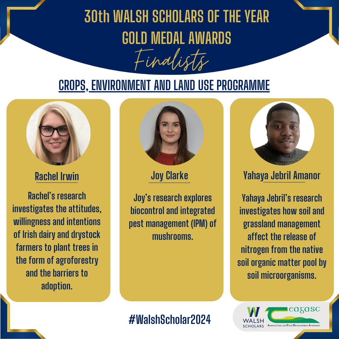Introducing our finalists for the Teagasc Walsh Scholar of the Year 2024 from the Crops,  Environment and Land Use Programme! 
Take a look into the groundbreaking research undertaken by Rachel, Joy and Yahaya Jebril showcased in the image.  

#WalshScholars #Teagasc