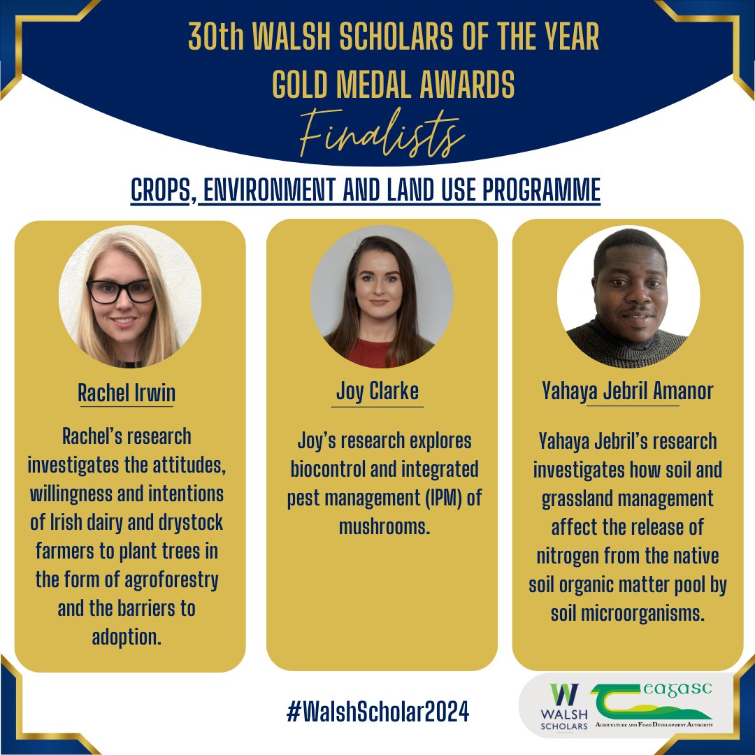 Introducing our finalists for the Teagasc Walsh Scholar of the Year 2024 from the Crops, Environment and Land Use Programme! Take a look into the groundbreaking research undertaken by Rachel, Joy and Yahaya Jebril showcased in the image. #WalshScholars #Teagasc