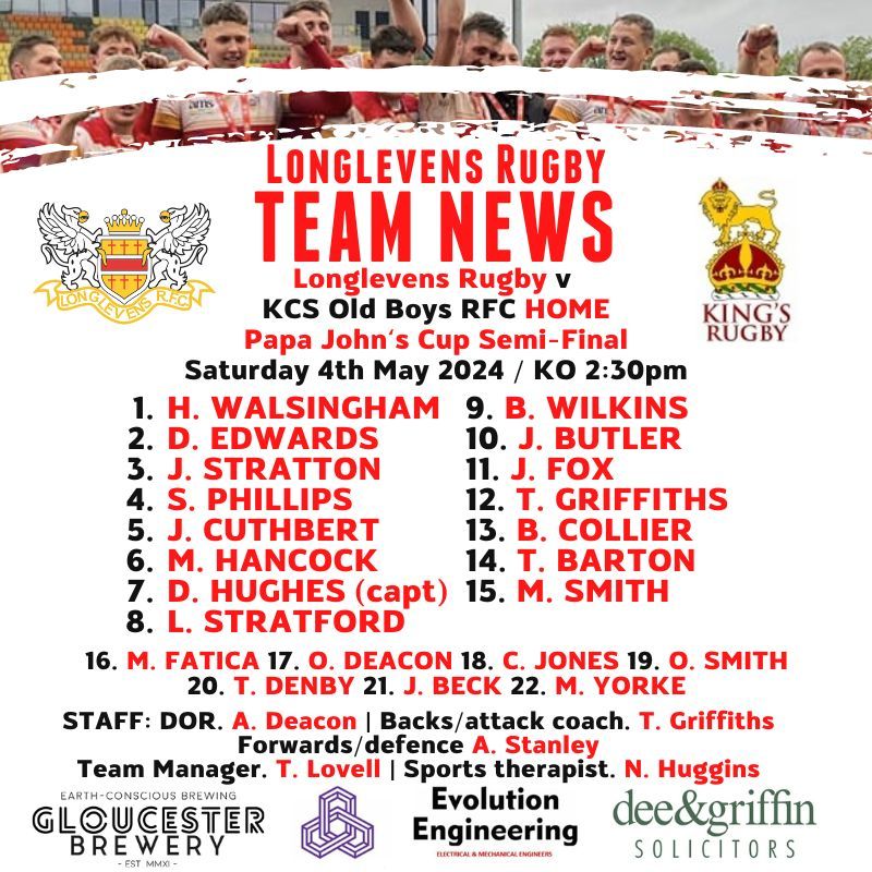 🏉 TEAM NEWS 🏉 This is the Longlevens Rugby squad who host KCS Old Boys RFC tomorrow at Longford Lane in the semi-final of the Papa John's Cup, kick off 2:30pm. One win from Twickenham! See you all at the club tomorrow. 💪 #UpTheGriffins @deacs3