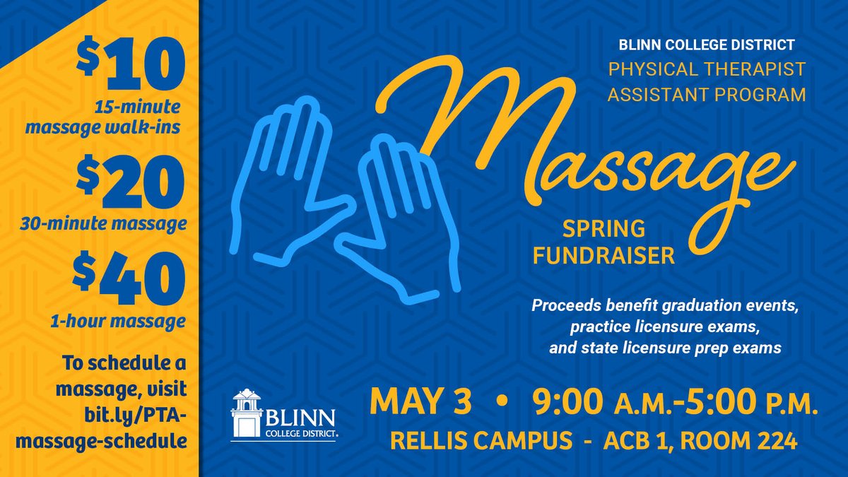 There are still a few slots remaining for today's massage fundraiser to support our Physical Therapist Assistant Program! 📆: Friday, May 3 ⏰: 9 a.m.-5 p.m. 📍: Texas A&M-RELLIS, ACB1 Rm 224 🔗: bit.ly/PTA-massage-sc…