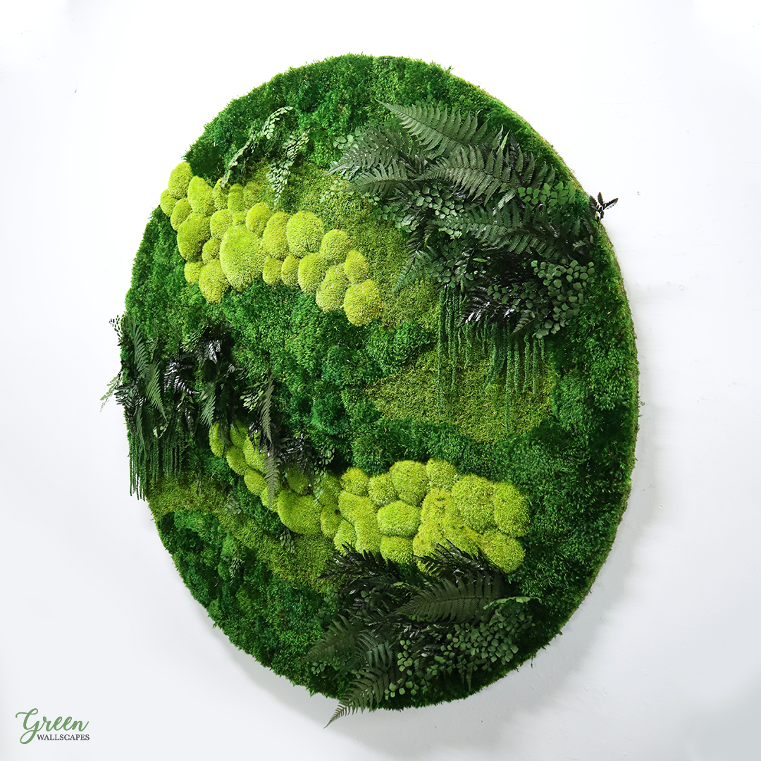 A large custom moss circle is so chic - perfect for any home or office! . . . #greenwallscapes #mosscompany #mossart #mosswalls #moss #preservedmoss #biophilicdesign #plantart #plantwall #livingwall #customart #homedecor #officedecor #hgtv #customdesign #interiordesign