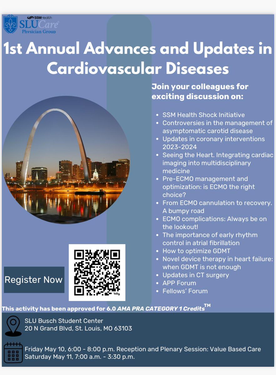 Join us on May 11th for a CME event on Updates in Cardiovascular Diseases, at the Busch Student Center at @SLU_Official. @SSMHealthSTL @SSMHealth @SLUCards @slusom @SLUHospital @SLUPCCM @SLUEMRes