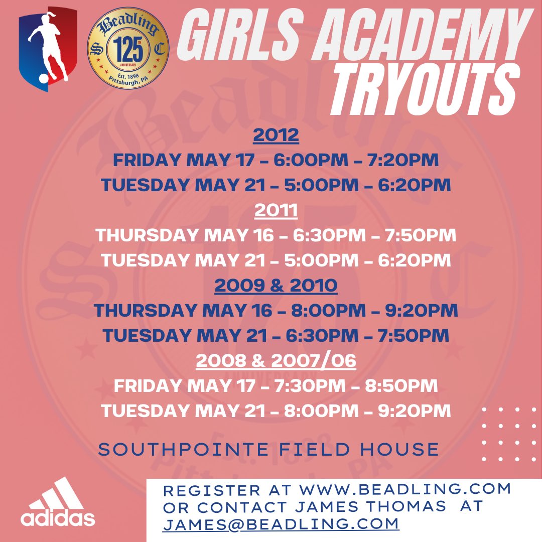 2024/25 Girls Academy tryout schedule is here! You can register for tryouts at Beadling.com. We look forward to seeing you there! #WearTheB