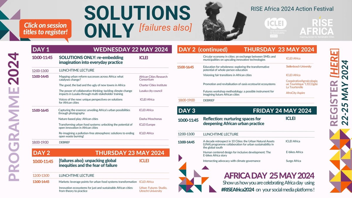 Choose from a range of daily sessions at #RISEAfrica2024! From 22-24 May there's something for every schedule 🗣️Scene-setting morning discussion 🤓Diverse, twice-daily parallel sessions ✍️Lunchtime lectures 💭Interactive evening debrief REGISTER now: riseafrica.iclei.org/2024-programme/