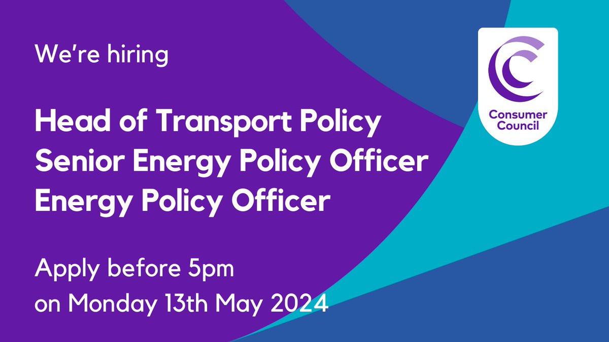 We are currently recruiting: 🟪Head of Transport Policy 🟪Senior Energy Policy Officer 🟪Energy Policy Officer ⭐Pension scheme with 30% employer contribution ⭐Flexible working 🗓️Closing date: Mon 13th May 2024 at 5pm. For more info & to apply visit: consumercouncil.org.uk/about-us/work-…