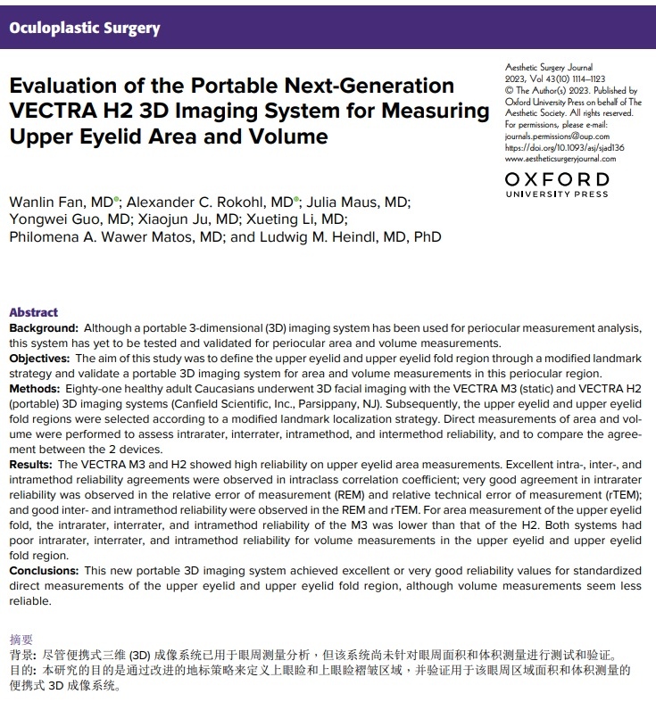 'Evaluation of the Portable Next-Generation VECTRA H2 3D Imaging System for Measuring Upper Eyelid Area and Volume' Read the paper: doi.org/10.1093/asj/sj… Read the Commentary: doi.org/10.1093/asj/sj… @AaronKosinsMD @drkenkel @TheAestheticSoc @phaedracress @DrMoSLS @drroykim