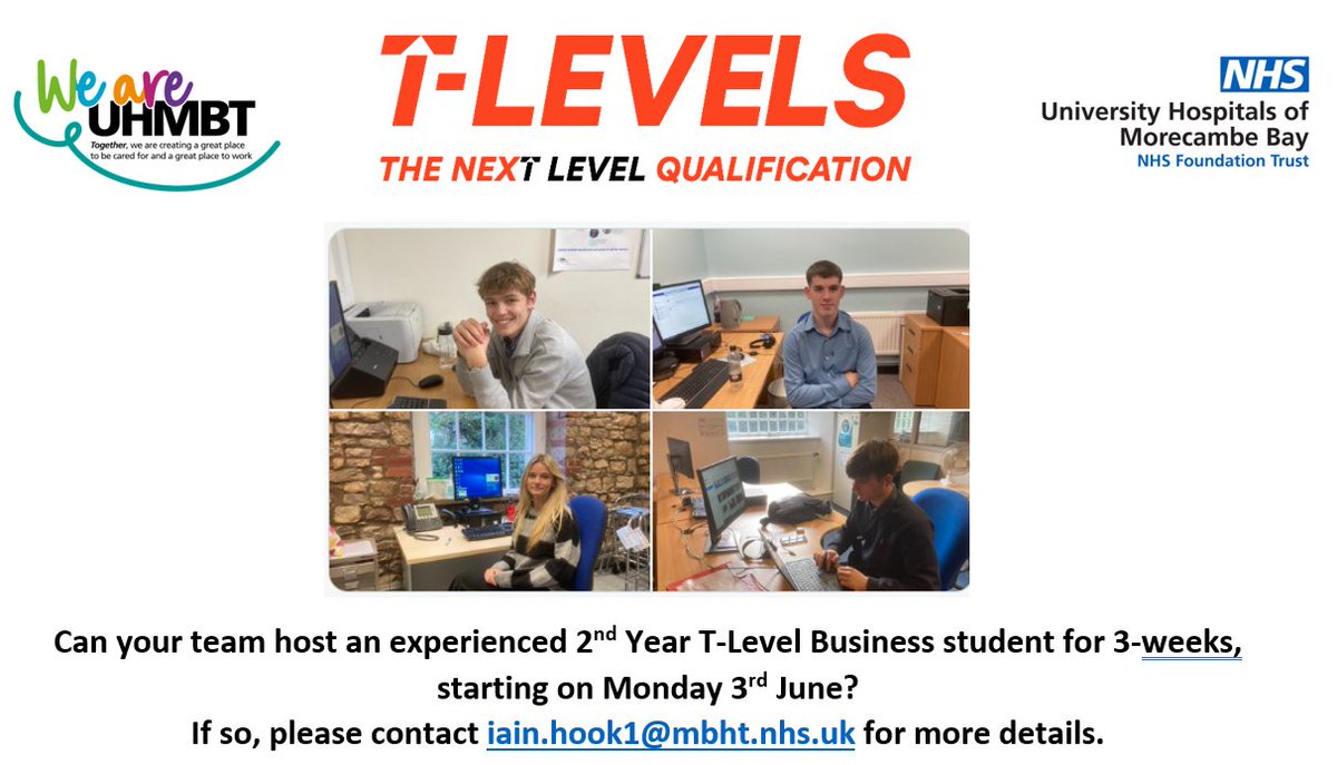 Dear @UHMBT colleagues. Would your team like to host a Business #TLevel student, commencing for 3-weeks on the 3rd June? All the students have already undertaken three placements within the Trust and are nearing the end of their course. A great 'try before you buy' opportunity!