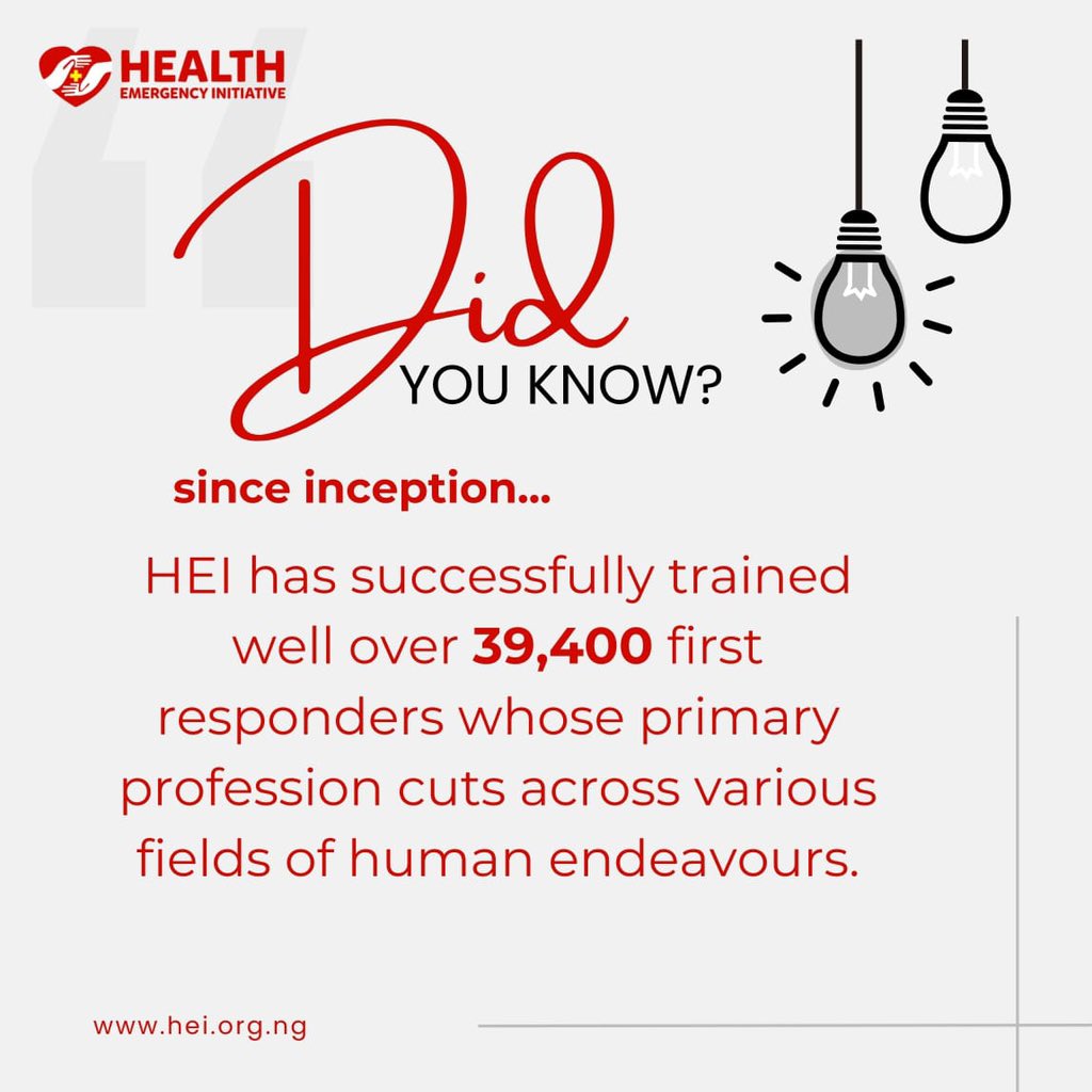Join us in empowering first responders! Over 39,400 individuals trained to save lives in emergencies. Be part of our mission at visit : hei.org.ng #HEI #firstresponders #thatnoneshoulddie #ngofund #helpout #liveandnotdie #hei