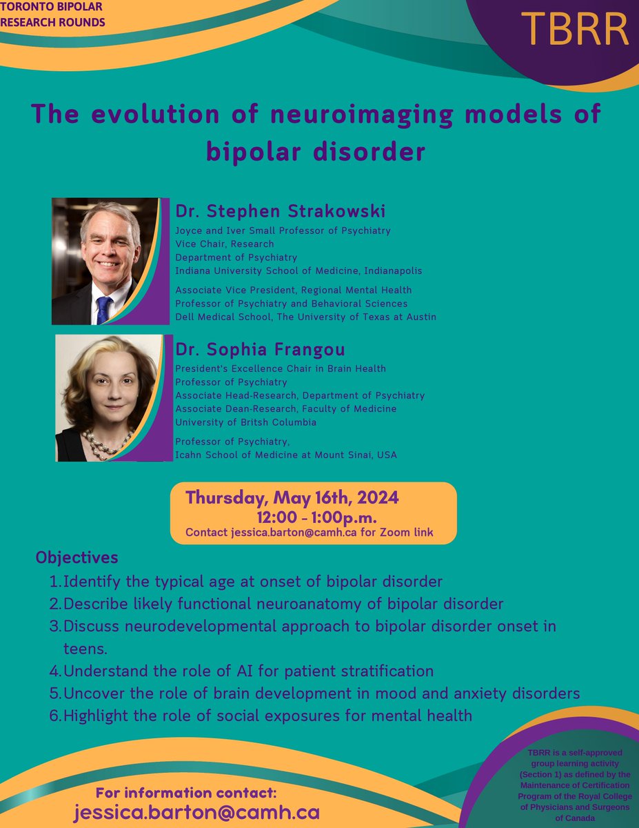 Join Toronto Bipolar Research Rounds for 'The evolution of neuroimaging models of bipolar disorder’ with Dr. Stephen Strakowski and Dr. Sophia Frangou. Thursday, May 16th, 12pm-1pm. Contact Jessica.barton@camh.ca for the Zoom link and to join the mailing list. @CAMHResearch