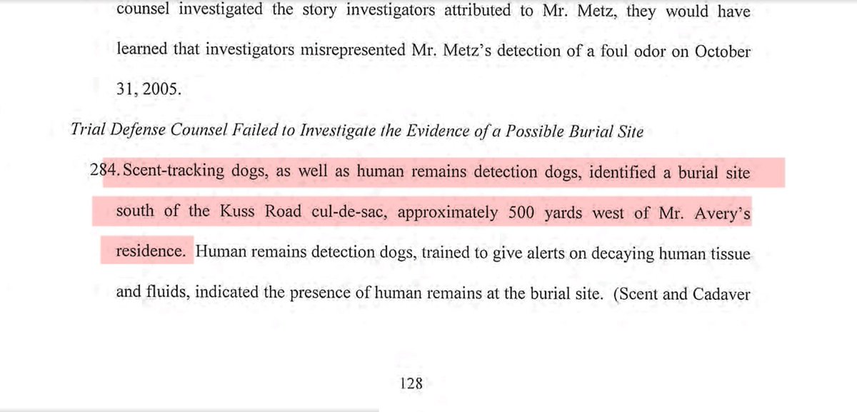For those who have been arguing 'if it's so important HRD dogs didn't alert at the pit why hasn't Zellner mentioned it in her filings?' 

She and her experts have mentioned it. No HRD dog alerted at the burn pit indicating presence of human remains.

#MakingaMurderer