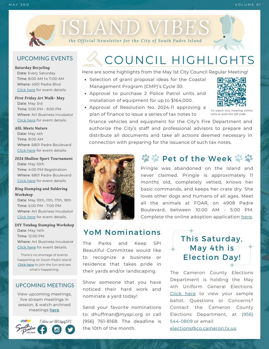 myspi.org/egov/documents… Click the link above to access this week's Island Vibes Newsletter! Read about Pet of the Week, City Council Highlights, and more on this week's Island Vibes! Island Vibes is the official electronic newsletter for the City of South Padre Island.