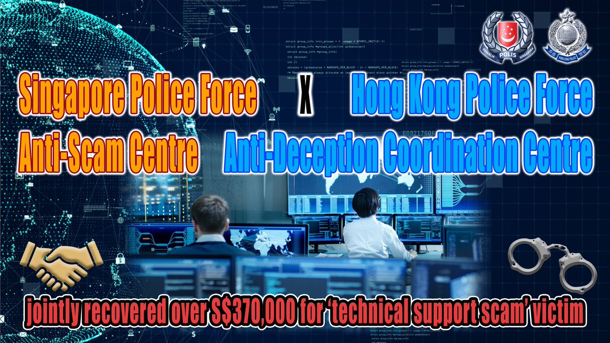 hkpoliceforce's tweet image. Joint force🇸🇬🇭🇰to fight fraud
@SingaporePolice’s Anti-Scam Centre &amp;amp; #HKPF’s Anti-Deception Coordination Centre helped a 70-year-old victim of a #TechSupportScam recover more than S$370,000 after monies had been transferred from his bank accounts in SG to scammers’ accounts in HK.