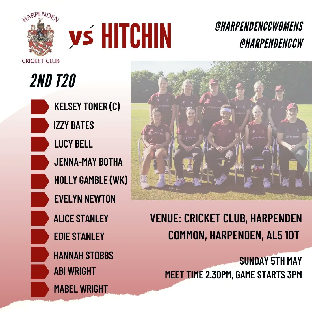 TEAM NEWS

Two T20s on the Common this Sunday! Come down and support the 1XI as they start their season against @HitchinCCLadies