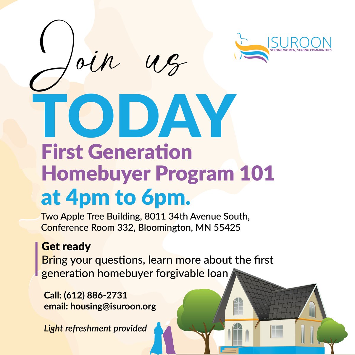 Join us today! Bring your questions! learn more about the first-generation homebuyer forgivable loan! From 4-6PM at the Two Apple Tree Building, 8011 34th Ave s, Bloomington, MN 55425 in the conference room 332 #FirstGeneration #Homebuyer