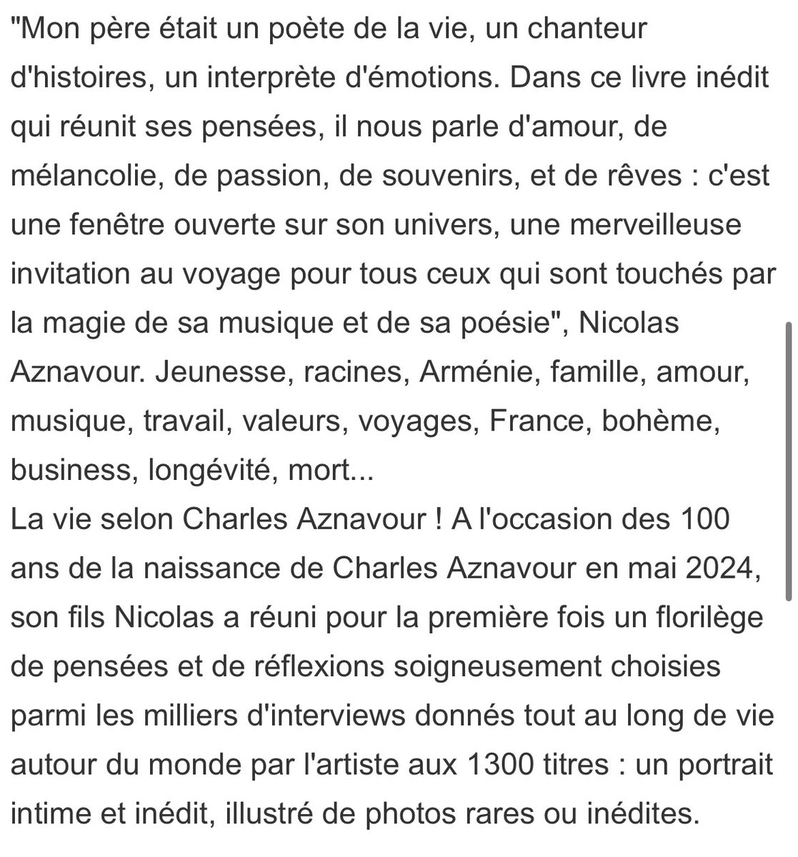 À paraître le 15 mai chez @AlbinMichel 

Aznavour inédit. La vie selon Charles - Nicolas Aznavour