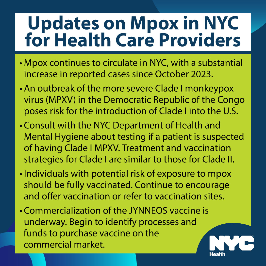 NYC Providers: We're seeing a substantial increase in mpox cases since October 2023. Our new Health Advisory provides updates on mpox cases in NYC and guidance on testing, treatment and vaccination. Read the full advisory and share with your networks: nyc.gov/assets/doh/dow…