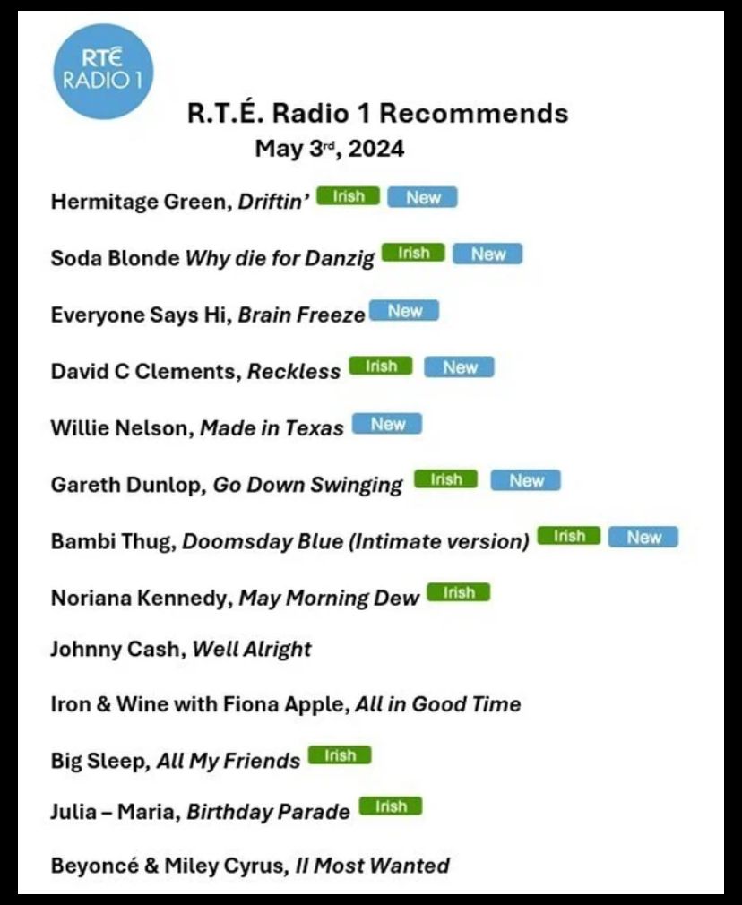 Absolutely delighted to see @GarethDunlop's new single 'Go Down Swinging' on the @RTERadio1 Recommends list this week, alongside legends like @WillieNelson and @johnnycash. New album 'Welcome to the House of I Don't Know' out June 14th on @ZenithCafeLabel